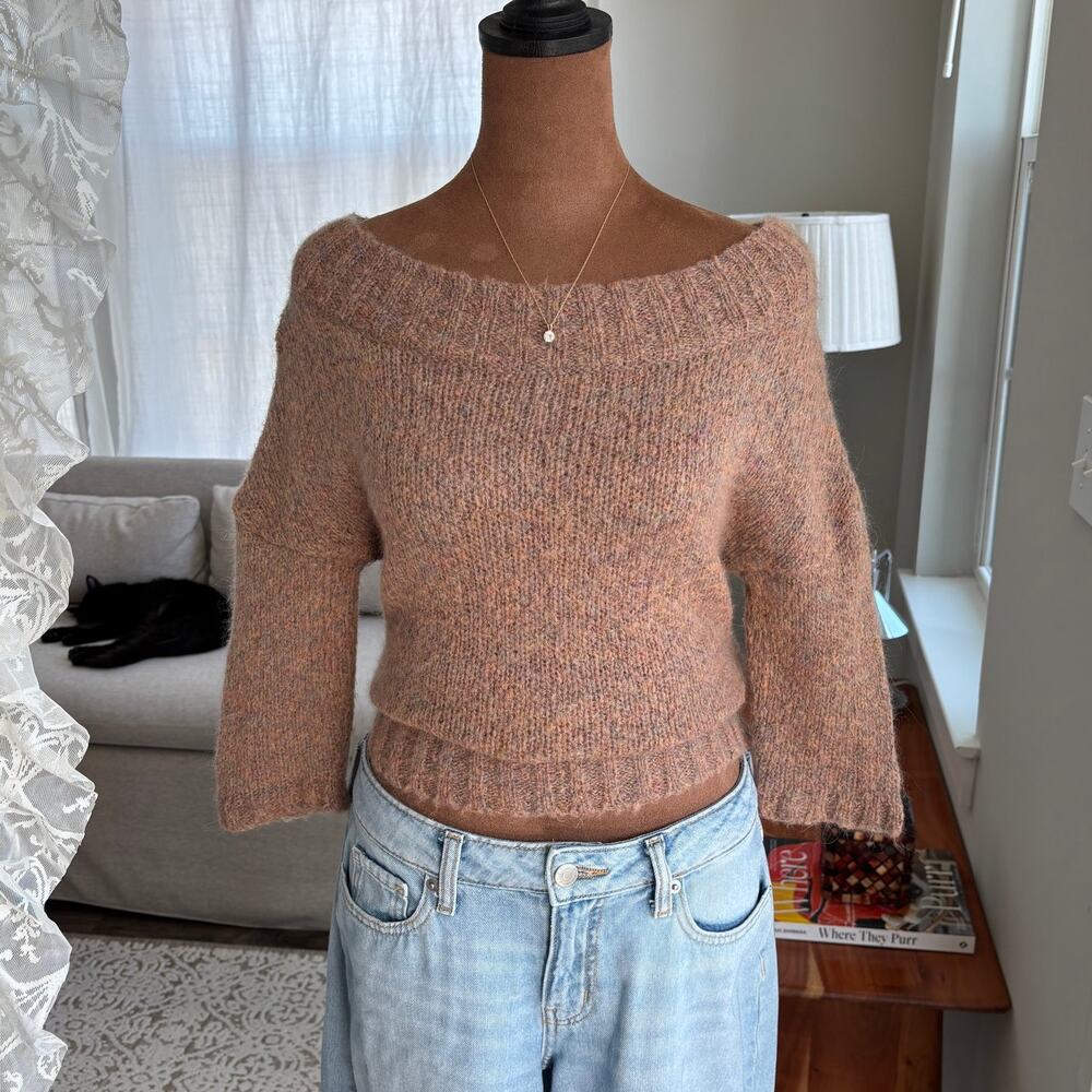 Ann Taylor Loft Taupe Mohair Wool Boat Neck Sweater 3/4 Sleeve Cropped Small